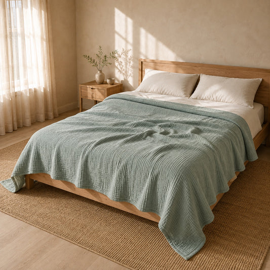 Sage green muslin cotton blanket thrown loosely across an oak bed in a warm plaster bedroom, the whole bed in view with one corner falling to the jute rug