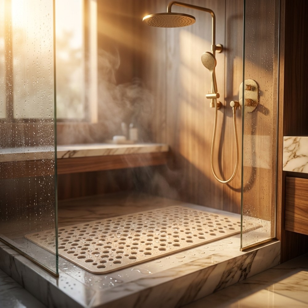 A beige shower mat lying in a wood and marble walk-in shower, warm daylight coming through the glass