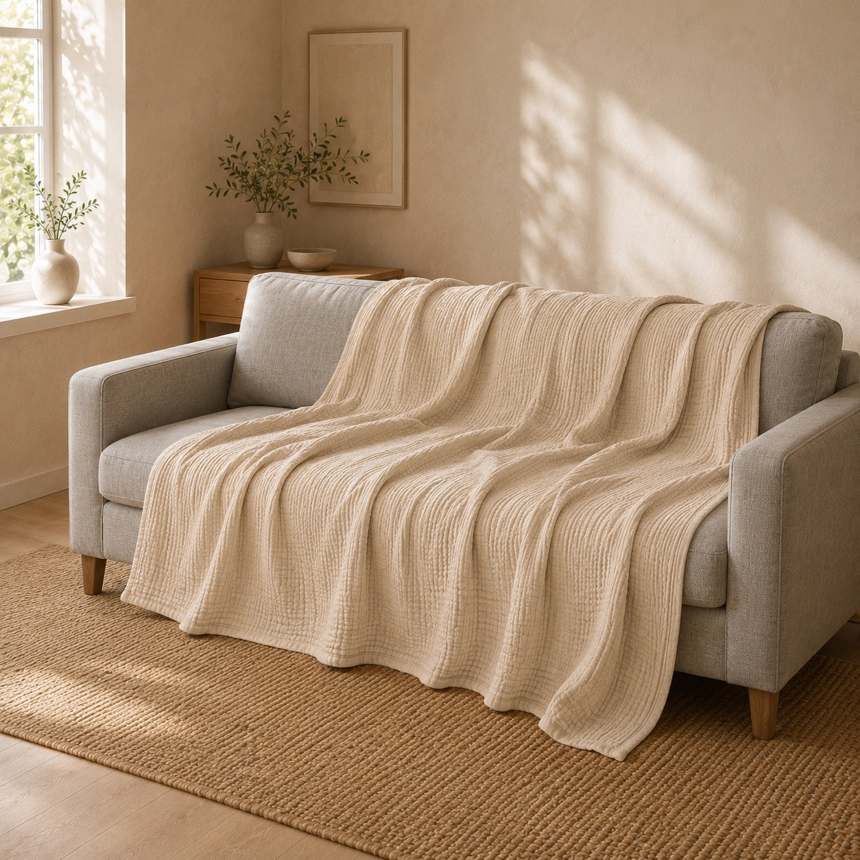 Beige muslin cotton blanket opened out across a grey linen sofa in a sunlit sitting room, the whole sofa in view above a jute rug