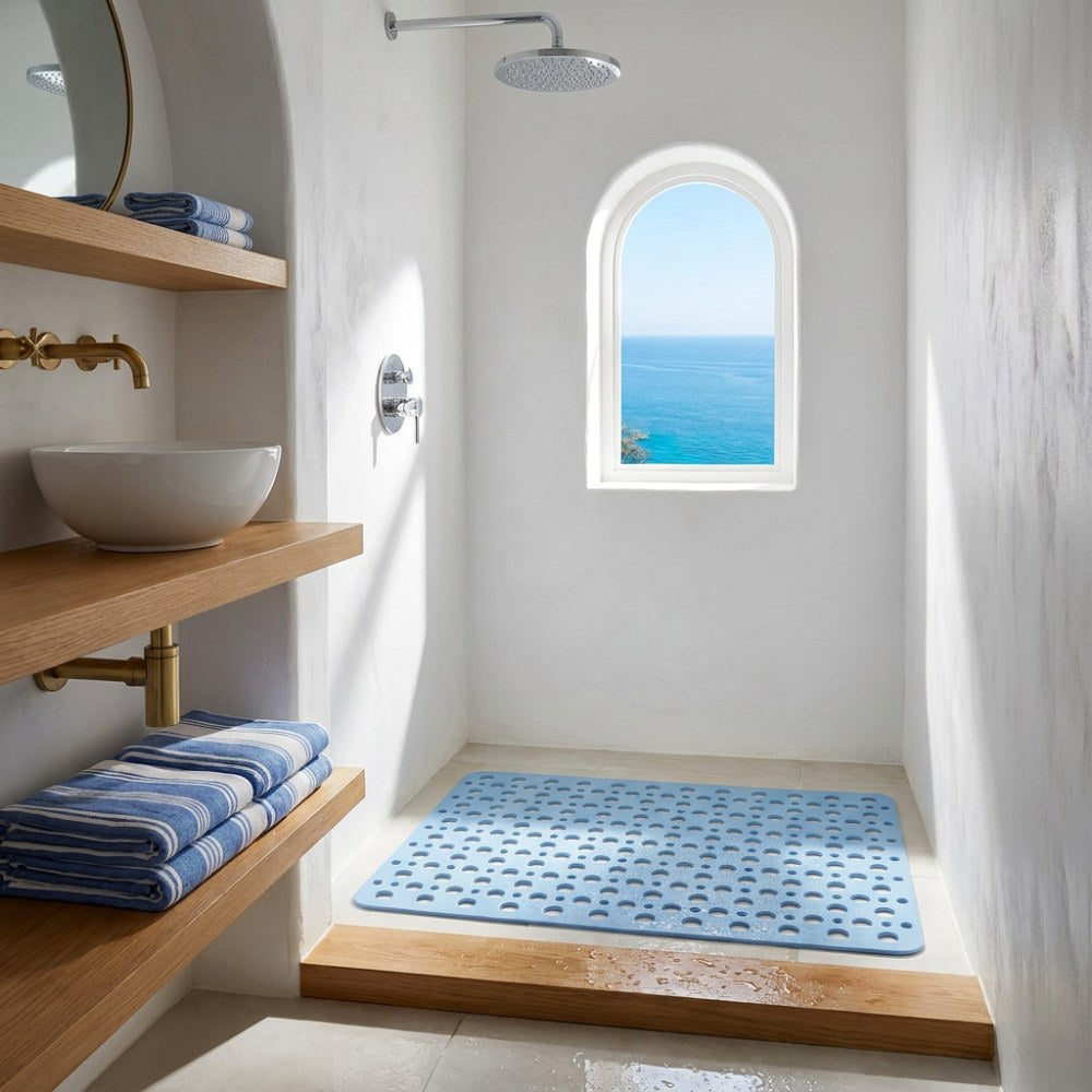 A blue shower mat on the floor of a white plaster shower, with oak shelves and folded towels beside it
