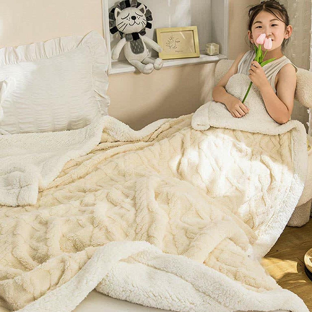 A child wrapped in the cream sherpa throw blanket