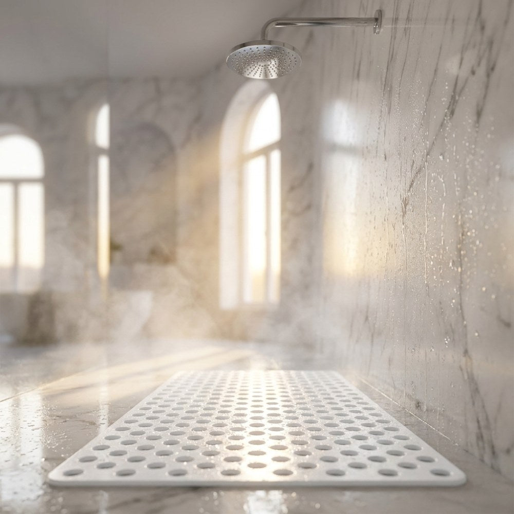 A white shower mat on the floor of a sunlit marble walk-in shower