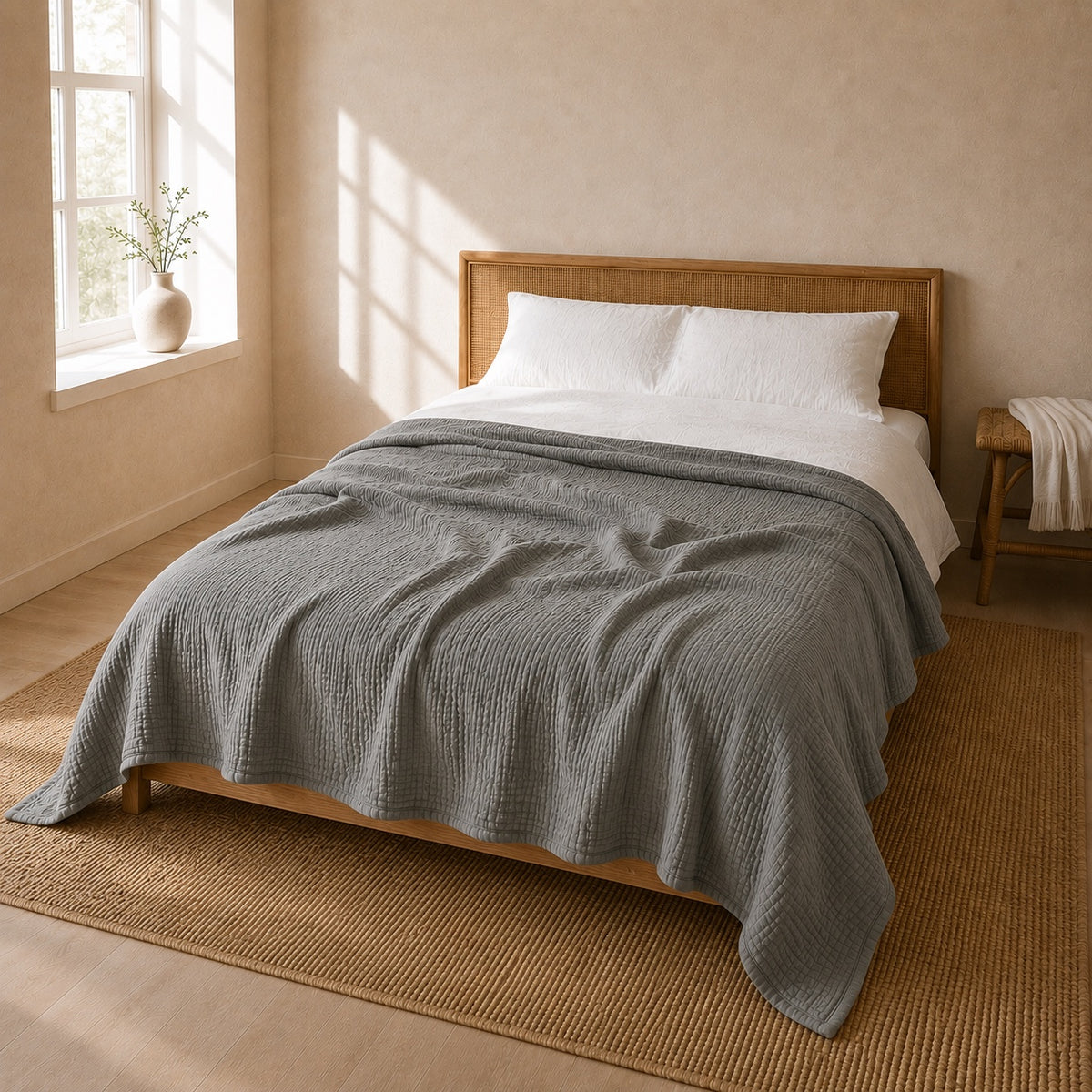 Gray muslin cotton blanket thrown across a bed with a woven rattan headboard in a bright guest room, the whole bed and the room in view