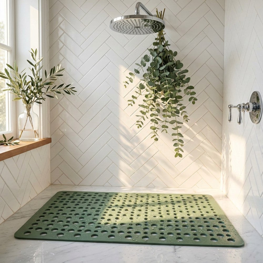 A green shower mat on the floor of a white tiled shower, with eucalyptus hanging from the rail