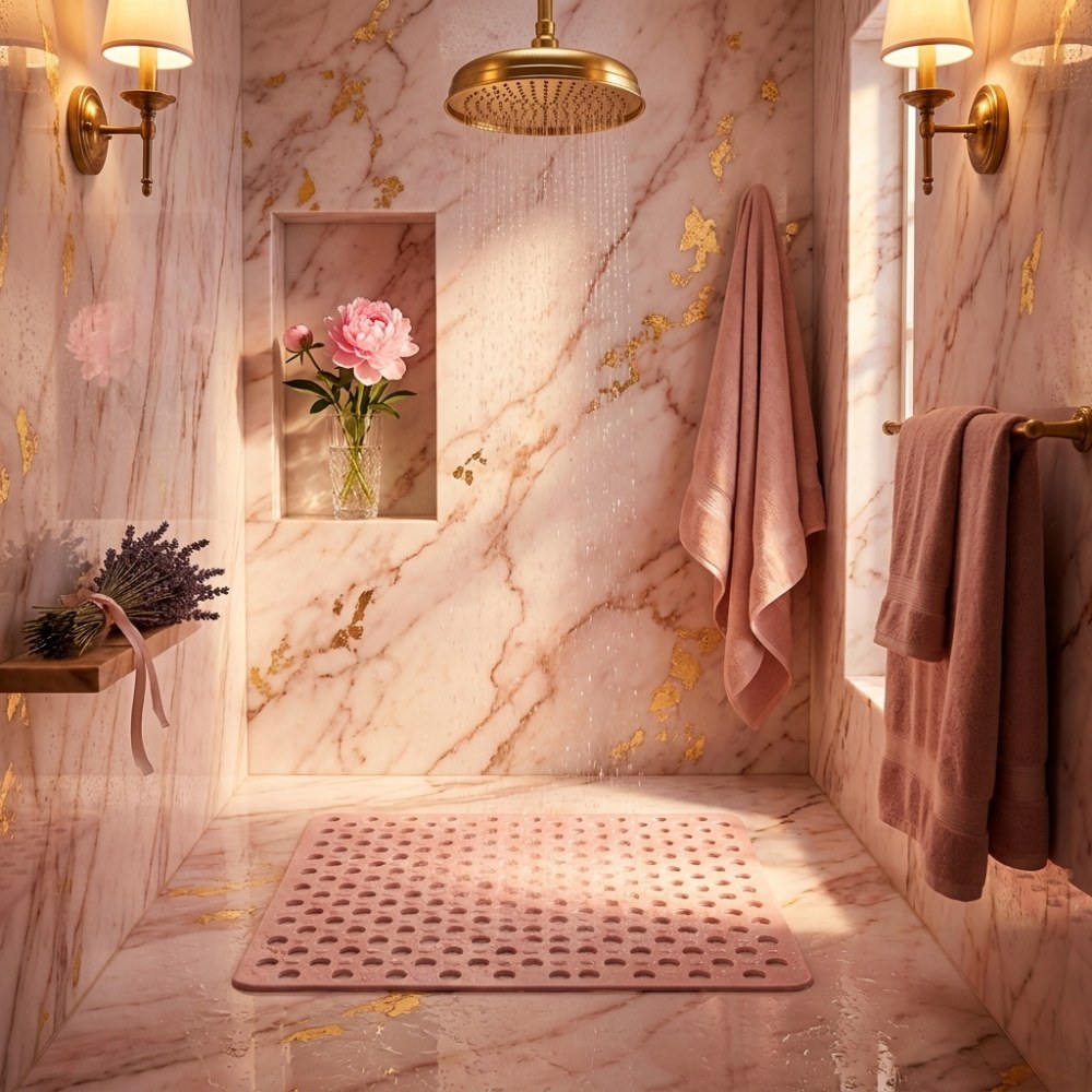 A pink shower mat on the floor of a pink marble shower with warm wall lights either side