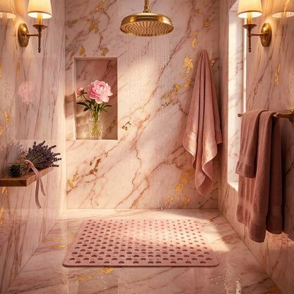 A pink shower mat on the floor of a pink marble shower with warm wall lights either side