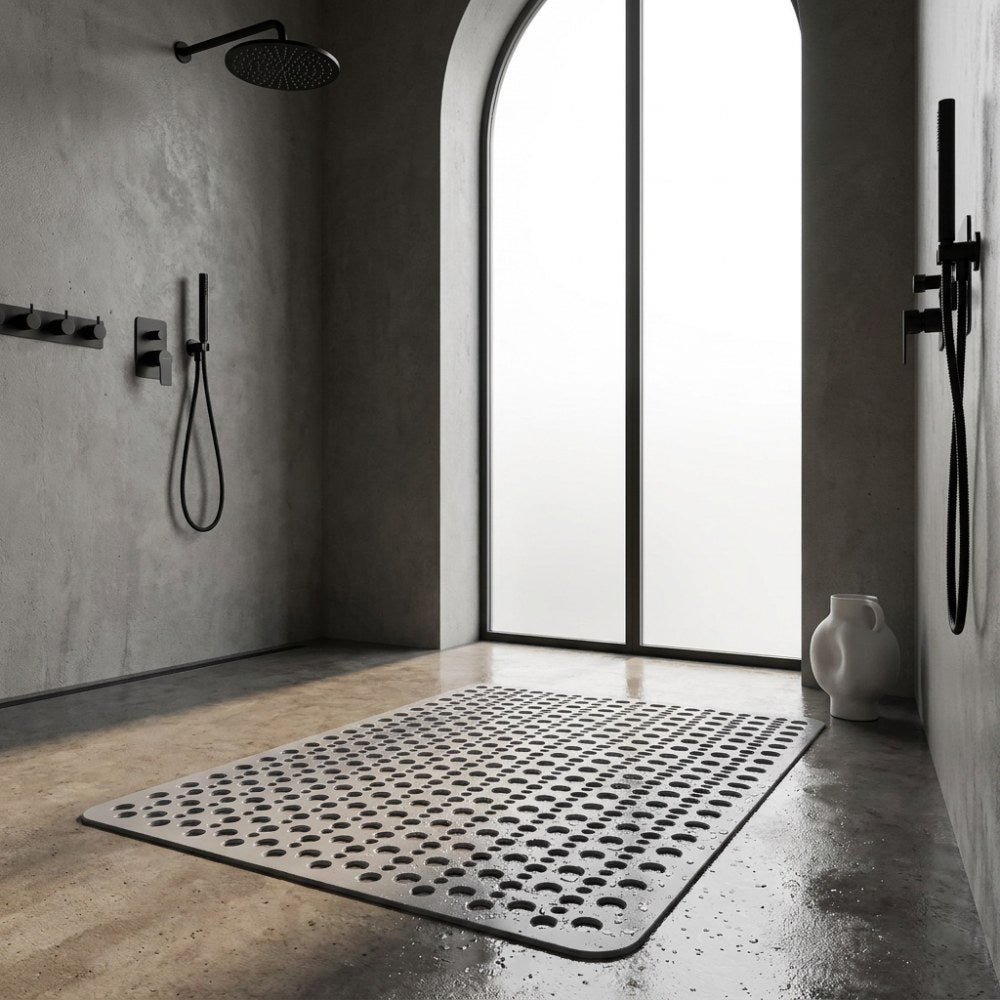 A gray shower mat on the wet concrete floor of a dark walk-in shower