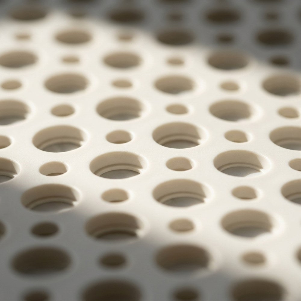 Close-up of the mat surface, showing round drainage holes in two sizes, each ringed by a low raised collar