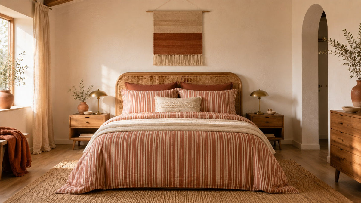 A bed made up in terracotta and cream striped linen, with a cane headboard and woven wall hanging