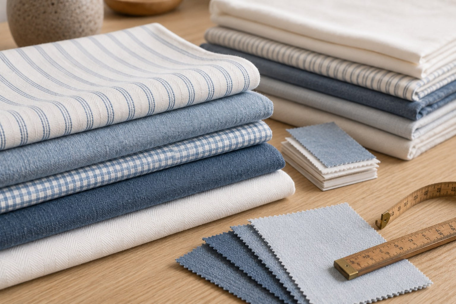 Folded stacks of linen and cotton in chambray blue, indigo and crisp white on an oak table, with fabric swatches and a wooden rule