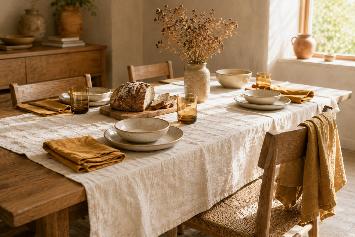 A wooden dining table laid with an ivory linen cloth, mustard napkins, stoneware and amber glasses in warm daylight