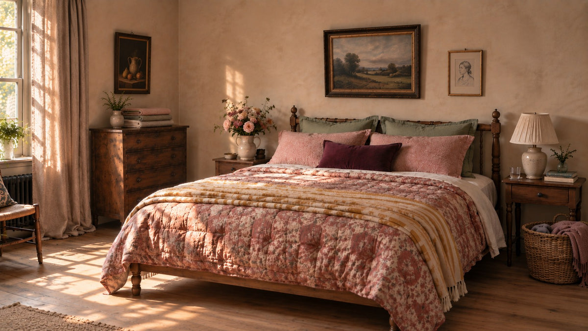 A wooden bed in a sunlit bedroom, seen from slightly to one side, made up with a dusty rose and terracotta floral quilt, sage green pillows and an ochre striped throw, with garden roses in a ceramic jug and framed paintings on the clay plaster walls