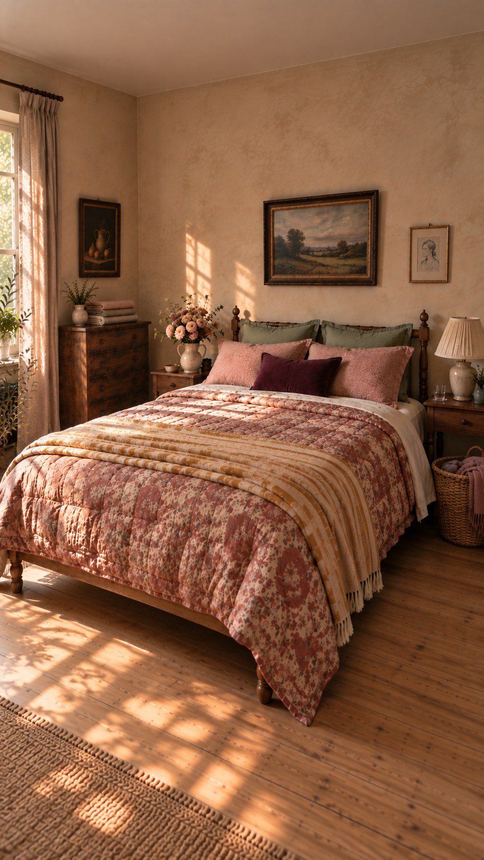 A wooden bed seen at an angle in a sunlit bedroom, made up with a dusty rose and terracotta floral quilt, sage green pillows and an ochre striped throw, with a landscape painting on the clay plaster wall behind it, garden roses in a ceramic jug and folded linens on a chest of drawers