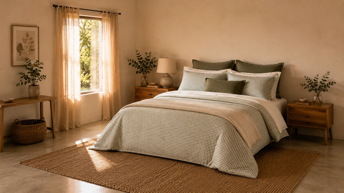 A neatly made bed in sage green gingham bedding with a cream throw, in a warm sunlit bedroom with a jute rug and oak bedside tables