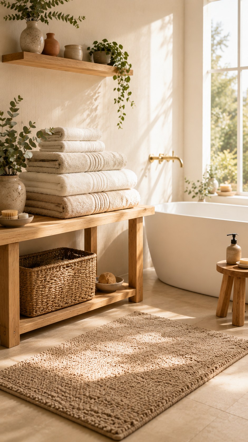 Folded oatmeal and ivory towels on an oak bench in a bright bathroom, with a woven bath mat and a freestanding bath