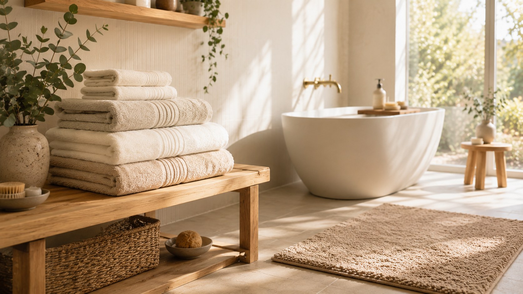 Folded oatmeal and ivory towels on an oak bench in a bright bathroom, with a jute bath mat and a freestanding bath