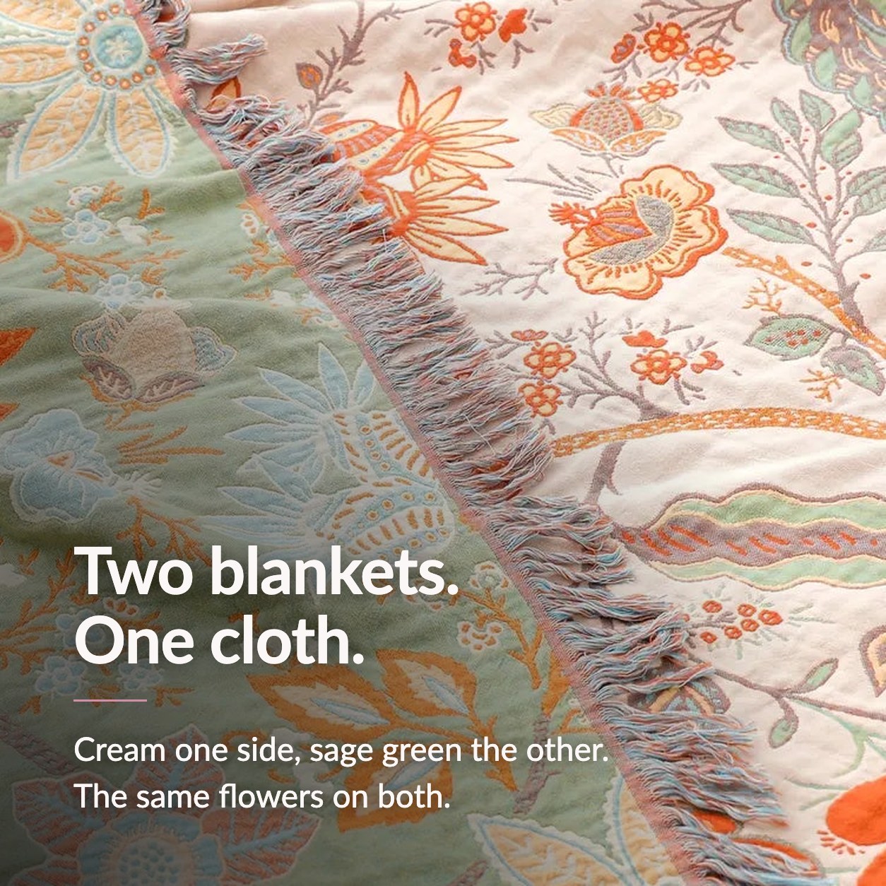 Claim card reading Two blankets. One cloth. Over a close photograph of the cream face and the sage green face meeting at the fringed edge.