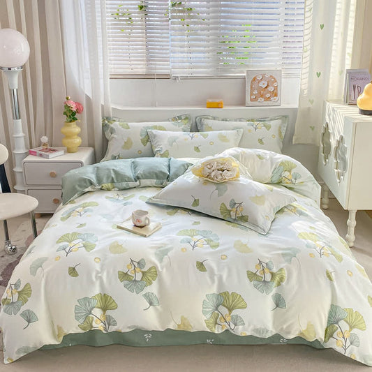 The bed made up with the ginkgo duvet cover, flat sheet and two pillowcases.